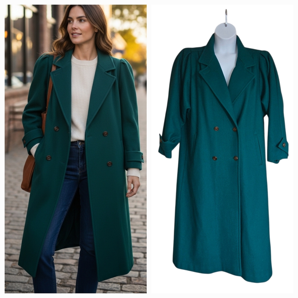VTG Paris Sport Club Green Wool Blend Pea Coat Puff Sleeves Womens 1X Feminine